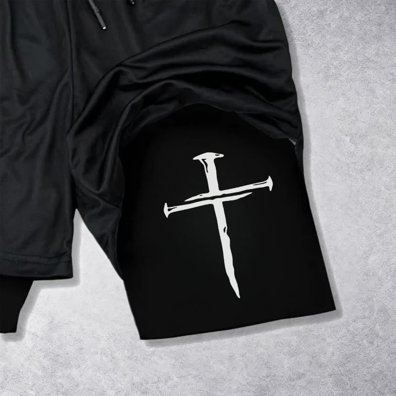Christianartworkshop Nail Cross Minimal Sketch Double Layer Drawstring Athletic Faith  Shorts