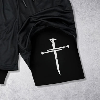Christianartworkshop Nail Cross Minimal Sketch Double Layer Drawstring Athletic Faith  Shorts