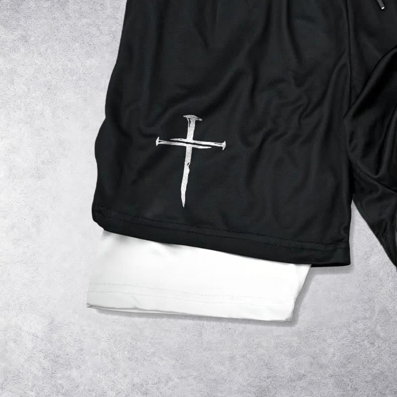 Christianartworkshop Nail Cross Minimal Sketch Double Layer Drawstring Athletic Faith  Shorts