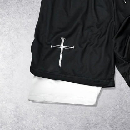 Christianartworkshop Nail Cross Minimal Sketch Double Layer Drawstring Athletic Faith  Shorts