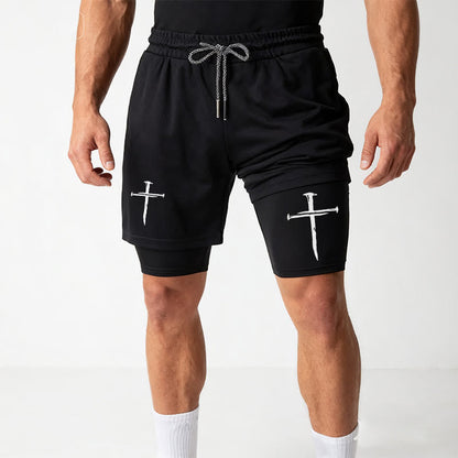 Christianartworkshop Nail Cross Minimal Sketch Double Layer Drawstring Athletic Faith  Shorts