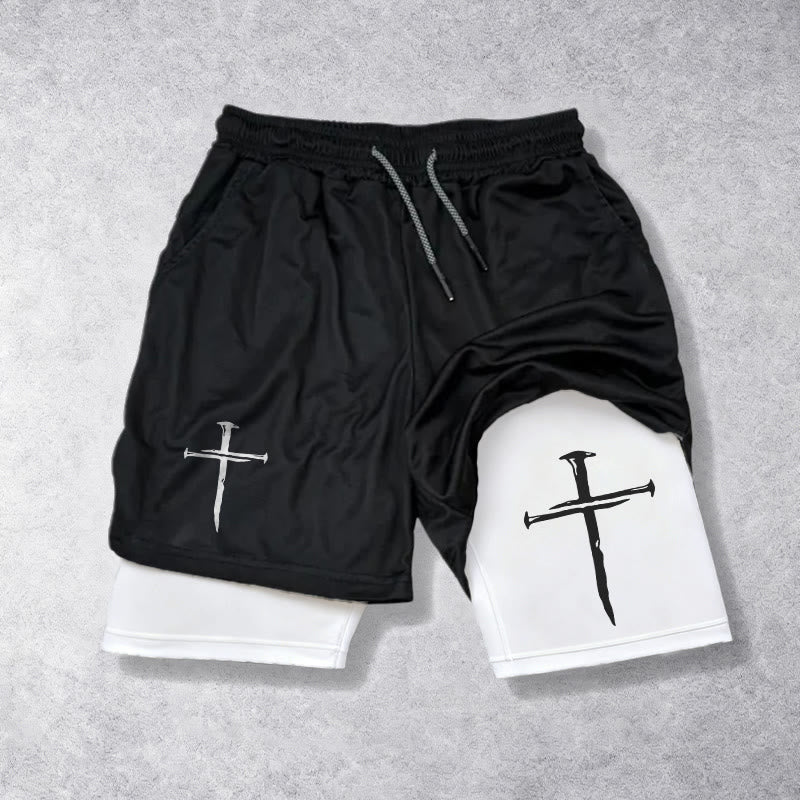 Christianartworkshop Nail Cross Minimal Sketch Double Layer Drawstring Athletic Faith  Shorts