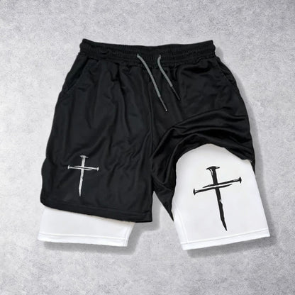 Christianartworkshop Nail Cross Minimal Sketch Double Layer Drawstring Athletic Faith  Shorts