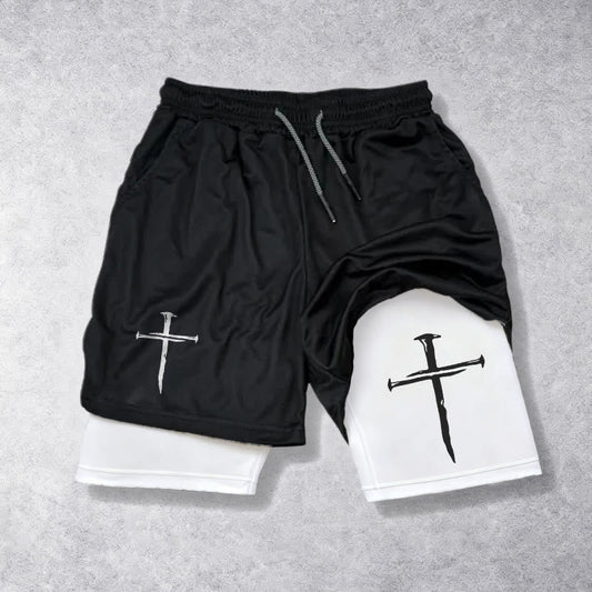 Christianartworkshop Nail Cross Minimal Sketch Double Layer Drawstring Athletic Faith  Shorts