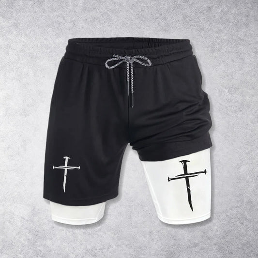 Christianartworkshop Nail Cross Minimal Sketch Double Layer Drawstring Athletic Faith  Shorts