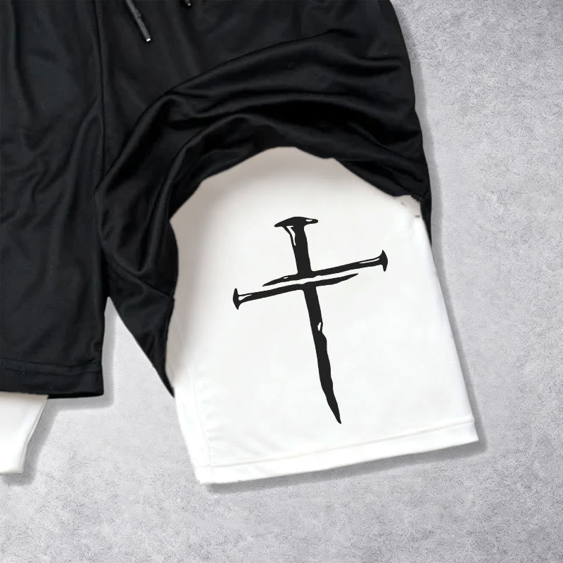 Christianartworkshop Nail Cross Minimal Sketch Double Layer Drawstring Athletic Faith  Shorts