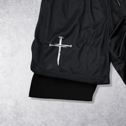 Christianartworkshop Nail Cross Minimal Sketch Double Layer Drawstring Athletic Faith  Shorts