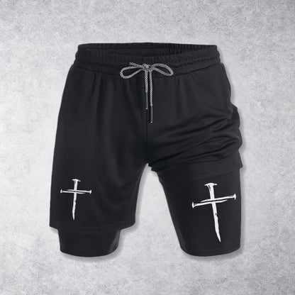 Christianartworkshop Nail Cross Minimal Sketch Double Layer Drawstring Athletic Faith  Shorts