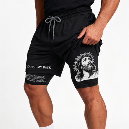 Christianartworkshop God Has My Back Crown Of Thorns Jesus Sketch Dual Print Drawstring Layered Faith Shorts