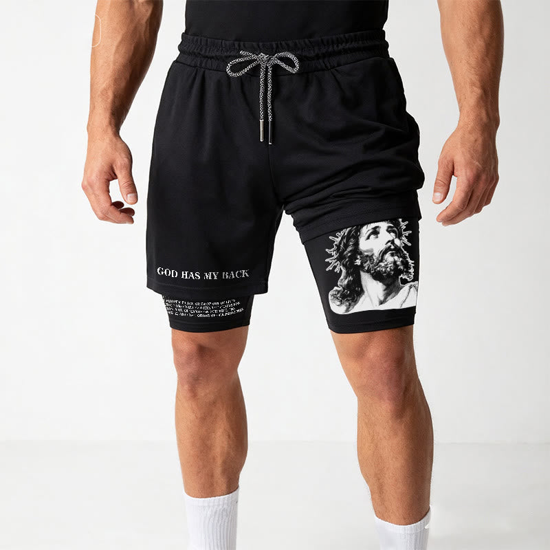 Christianartworkshop God Has My Back Crown Of Thorns Jesus Sketch Dual Print Drawstring Layered Faith Shorts