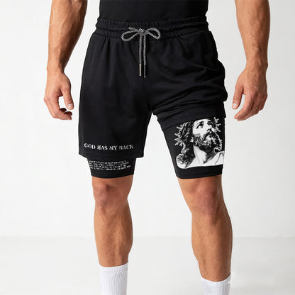 Christianartworkshop God Has My Back Crown Of Thorns Jesus Sketch Dual Print Drawstring Layered Faith Shorts
