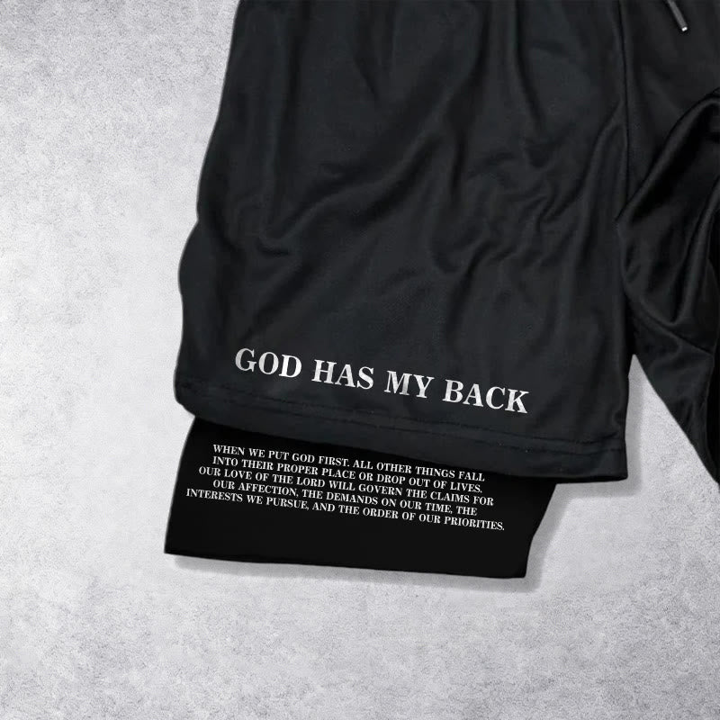 Christianartworkshop God Has My Back Crown Of Thorns Jesus Sketch Dual Print Drawstring Layered Faith Shorts