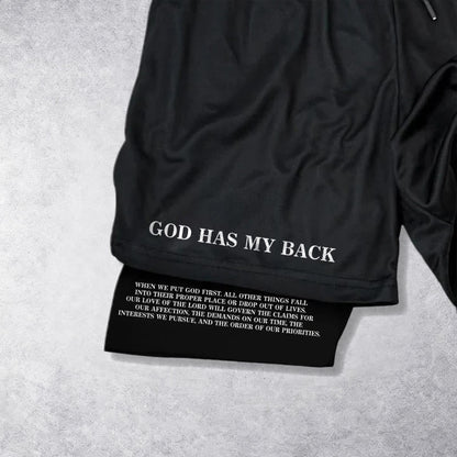 Christianartworkshop God Has My Back Crown Of Thorns Jesus Sketch Dual Print Drawstring Layered Faith Shorts