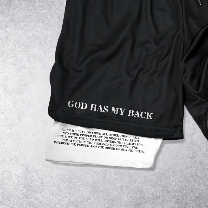 Christianartworkshop God Has My Back Crown Of Thorns Jesus Sketch Dual Print Drawstring Layered Faith Shorts