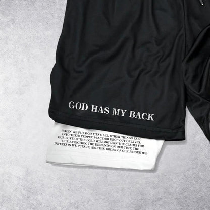Christianartworkshop God Has My Back Crown Of Thorns Jesus Sketch Dual Print Drawstring Layered Faith Shorts
