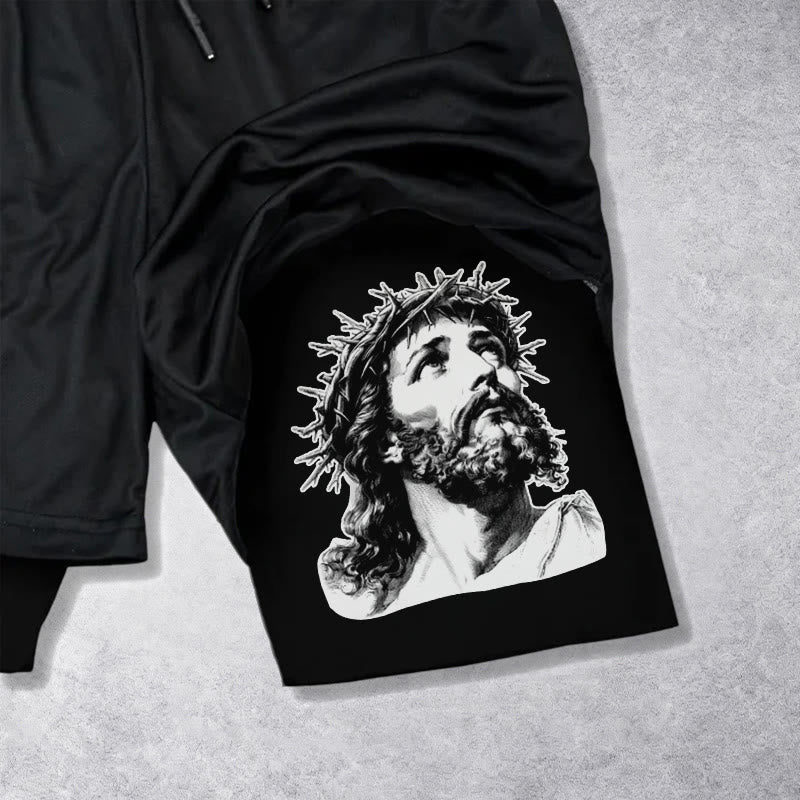 Christianartworkshop God Has My Back Crown Of Thorns Jesus Sketch Dual Print Drawstring Layered Faith Shorts