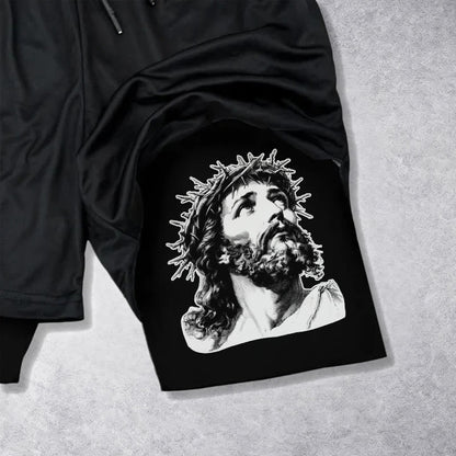 Christianartworkshop God Has My Back Crown Of Thorns Jesus Sketch Dual Print Drawstring Layered Faith Shorts