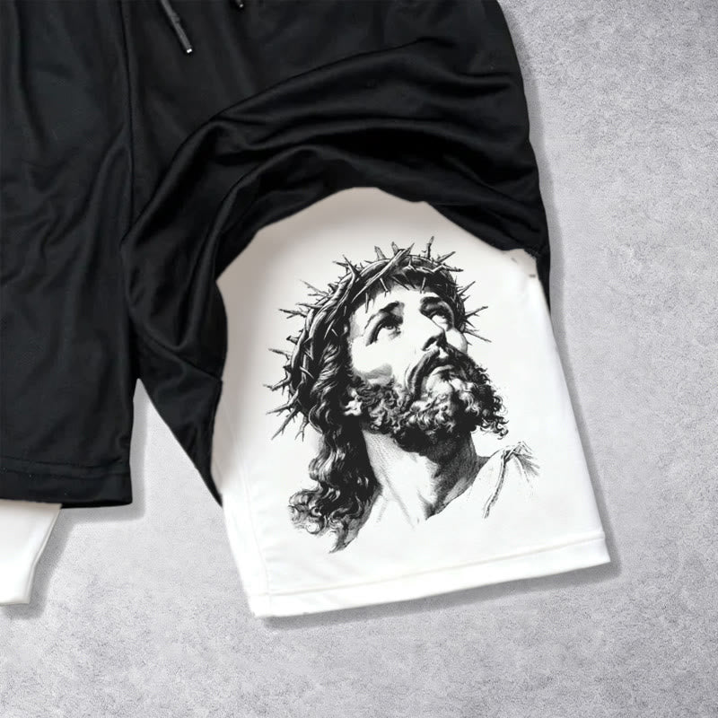Christianartworkshop God Has My Back Crown Of Thorns Jesus Sketch Dual Print Drawstring Layered Faith Shorts