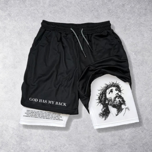 Christianartworkshop God Has My Back Crown Of Thorns Jesus Sketch Dual Print Drawstring Layered Faith Shorts