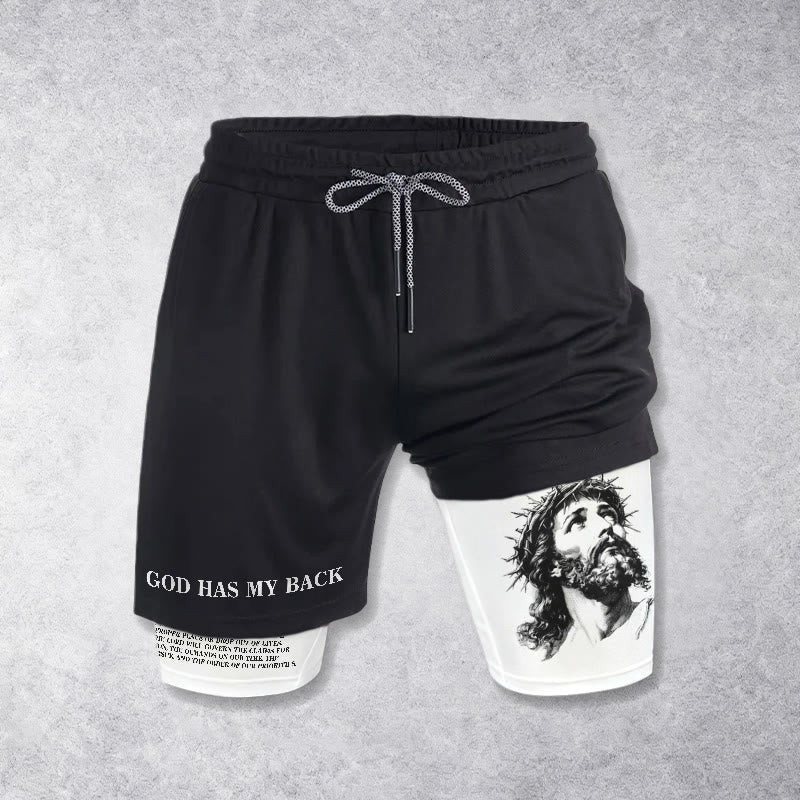 Christianartworkshop God Has My Back Crown Of Thorns Jesus Sketch Dual Print Drawstring Layered Faith Shorts