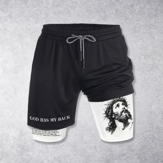 Christianartworkshop God Has My Back Crown Of Thorns Jesus Sketch Dual Print Drawstring Layered Faith Shorts