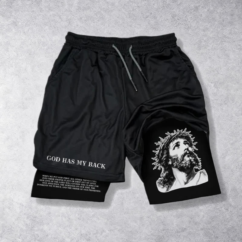 Christianartworkshop God Has My Back Crown Of Thorns Jesus Sketch Dual Print Drawstring Layered Faith Shorts