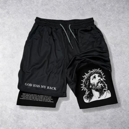 Christianartworkshop God Has My Back Crown Of Thorns Jesus Sketch Dual Print Drawstring Layered Faith Shorts