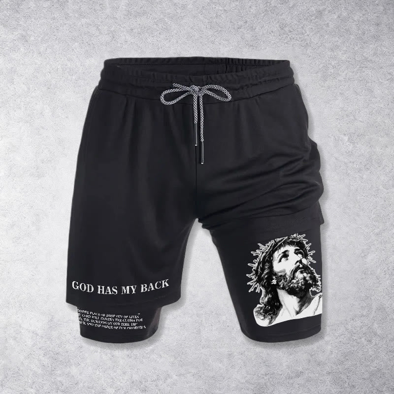 Christianartworkshop God Has My Back Crown Of Thorns Jesus Sketch Dual Print Drawstring Layered Faith Shorts