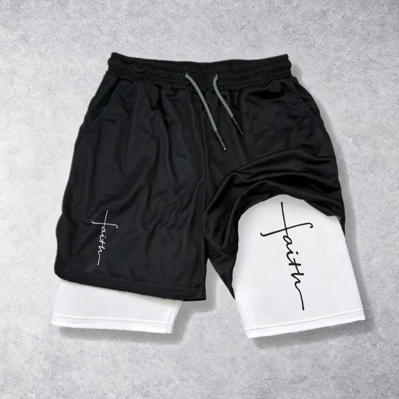 Christianartworkshop Cursive Faith Cross Integrated Script Dual Layer Drawstring Athletic Shorts