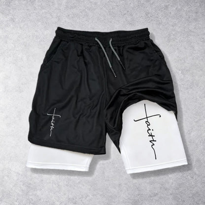 Christianartworkshop Cursive Faith Cross Integrated Script Dual Layer Drawstring Athletic Shorts