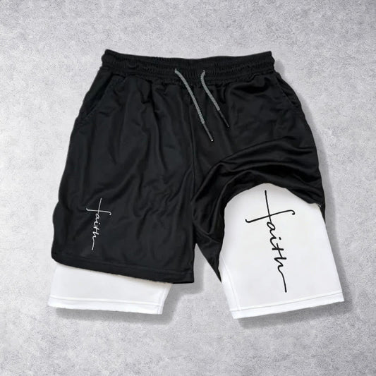 Christianartworkshop Cursive Faith Cross Integrated Script Dual Layer Drawstring Athletic Shorts