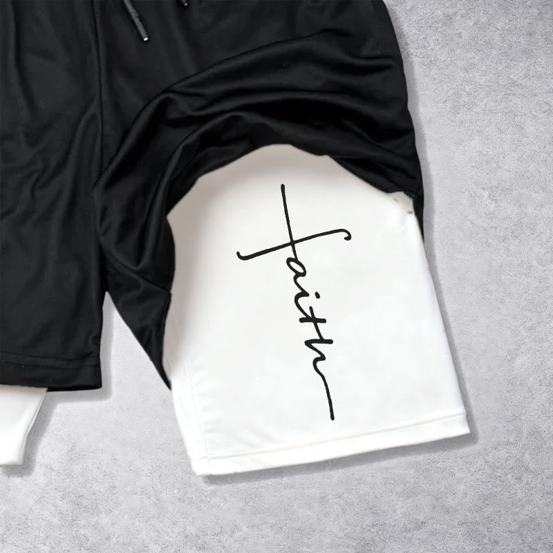 Christianartworkshop Cursive Faith Cross Integrated Script Dual Layer Drawstring Athletic Shorts