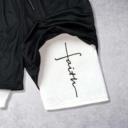 Christianartworkshop Cursive Faith Cross Integrated Script Dual Layer Drawstring Athletic Shorts