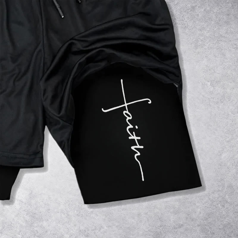Christianartworkshop Cursive Faith Cross Integrated Script Dual Layer Drawstring Athletic Shorts
