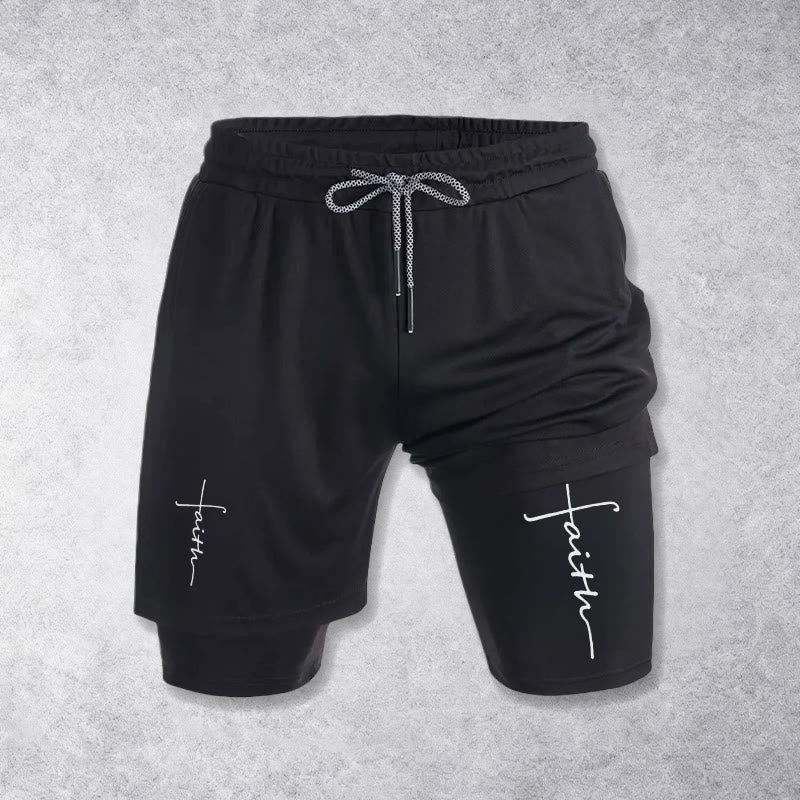 Christianartworkshop Cursive Faith Cross Integrated Script Dual Layer Drawstring Athletic Shorts