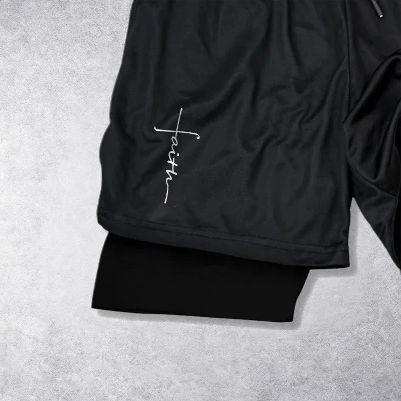 Christianartworkshop Cursive Faith Cross Integrated Script Dual Layer Drawstring Athletic Shorts