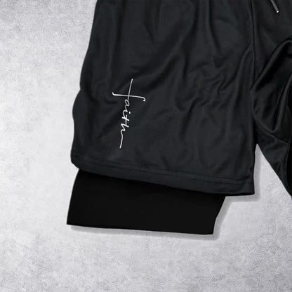 Christianartworkshop Cursive Faith Cross Integrated Script Dual Layer Drawstring Athletic Shorts