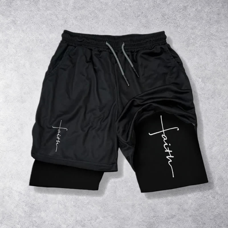 Christianartworkshop Cursive Faith Cross Integrated Script Dual Layer Drawstring Athletic Shorts