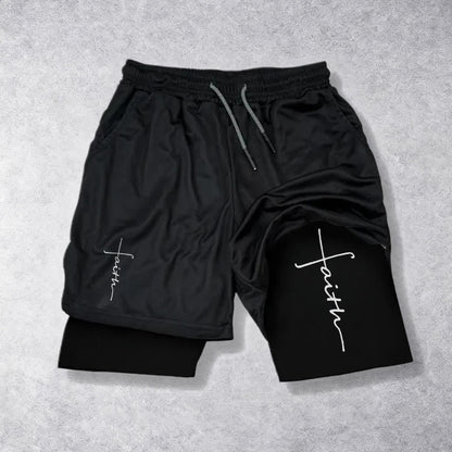 Christianartworkshop Cursive Faith Cross Integrated Script Dual Layer Drawstring Athletic Shorts