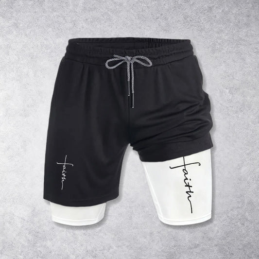 Christianartworkshop Cursive Faith Cross Integrated Script Dual Layer Drawstring Athletic Shorts