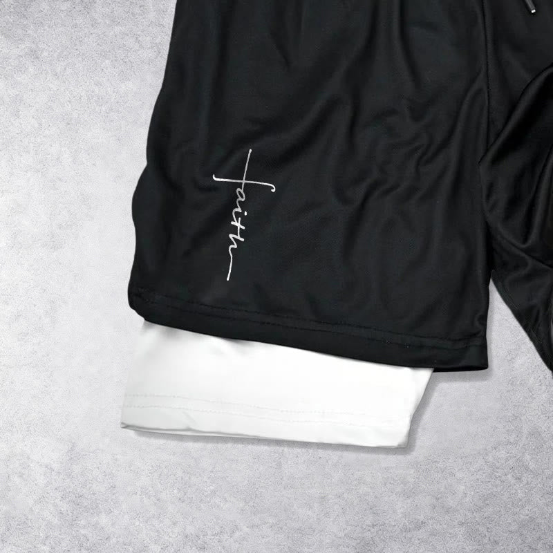 Christianartworkshop Cursive Faith Cross Integrated Script Dual Layer Drawstring Athletic Shorts