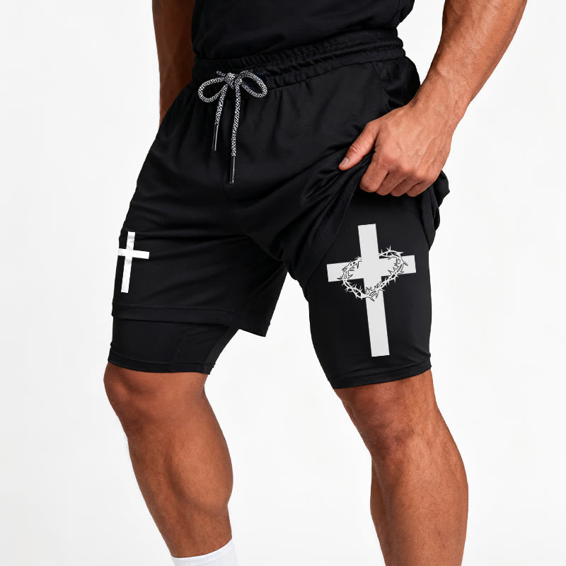 Christianartworkshop Two-Tier Layered Athletic Shorts Dual Different Cross Symbol Devotional Shorts