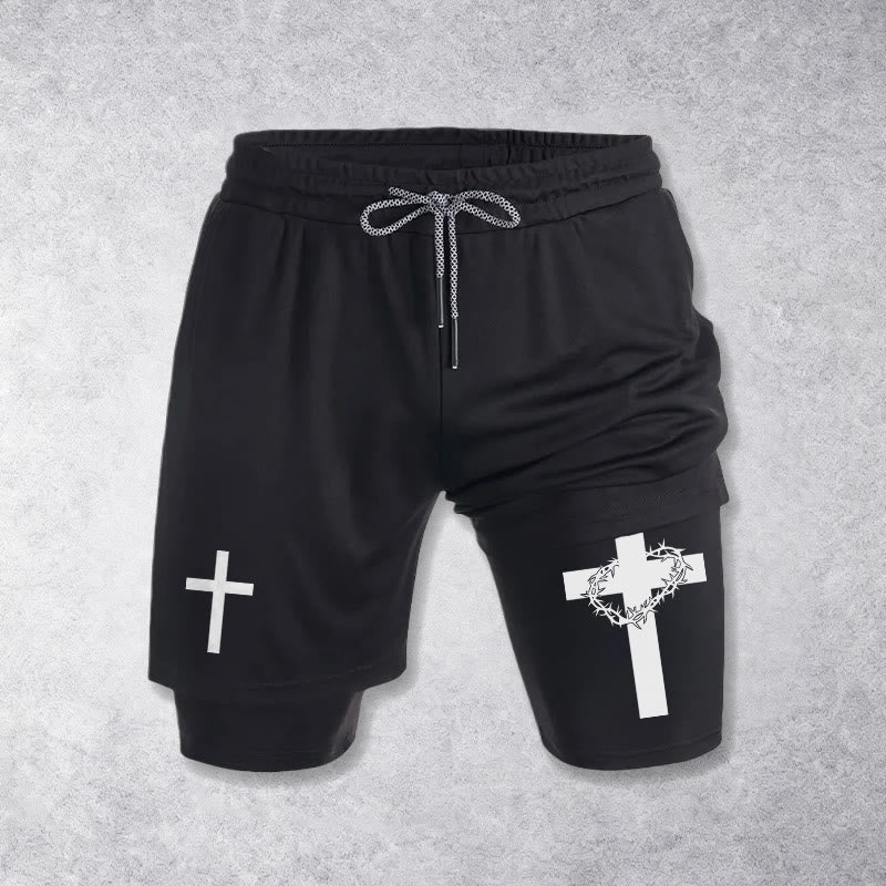 Christianartworkshop Two-Tier Layered Athletic Shorts Dual Different Cross Symbol Devotional Shorts