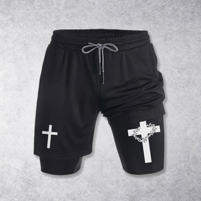 Christianartworkshop Two-Tier Layered Athletic Shorts Dual Different Cross Symbol Devotional Shorts