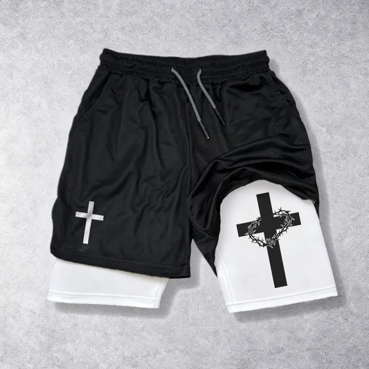 Christianartworkshop Two-Tier Layered Athletic Shorts Dual Different Cross Symbol Devotional Shorts