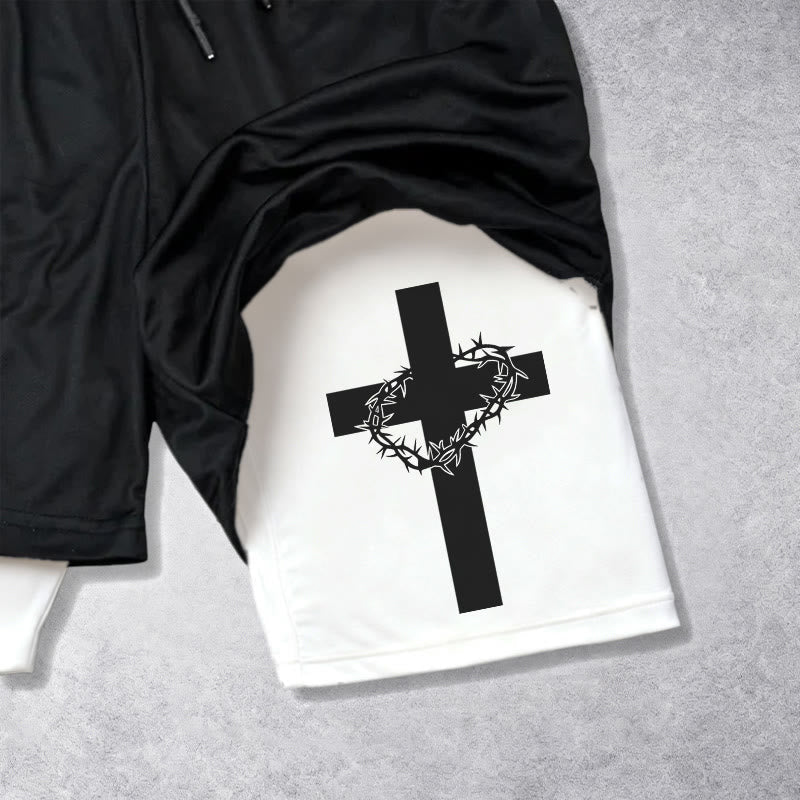 Christianartworkshop Two-Tier Layered Athletic Shorts Dual Different Cross Symbol Devotional Shorts