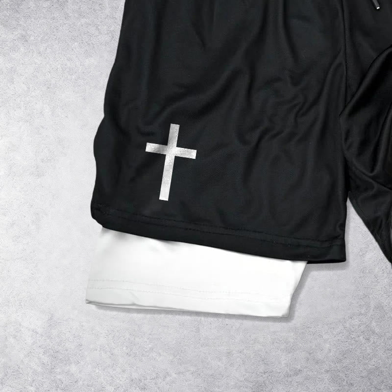 Christianartworkshop Two-Tier Layered Athletic Shorts Dual Different Cross Symbol Devotional Shorts