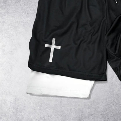 Christianartworkshop Two-Tier Layered Athletic Shorts Dual Different Cross Symbol Devotional Shorts