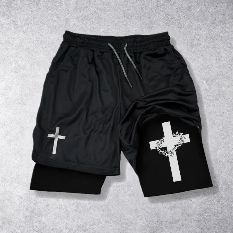 Christianartworkshop Two-Tier Layered Athletic Shorts Dual Different Cross Symbol Devotional Shorts