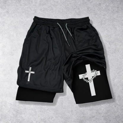 Christianartworkshop Two-Tier Layered Athletic Shorts Dual Different Cross Symbol Devotional Shorts